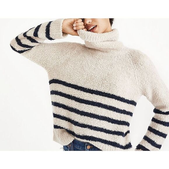Madewell Mariner Stripe Turtleneck Sweater Size Medium Cream Navy - Picture 1 of 13